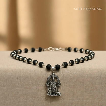 SILVER CAPPED KARUNGALI MALA WITH LORD MURUGAN PENDANT
