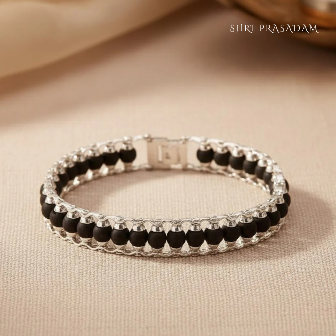 SILVER PLATED KARUNGALI MODEN BRACELET - NATURAL EBONY WOOD
