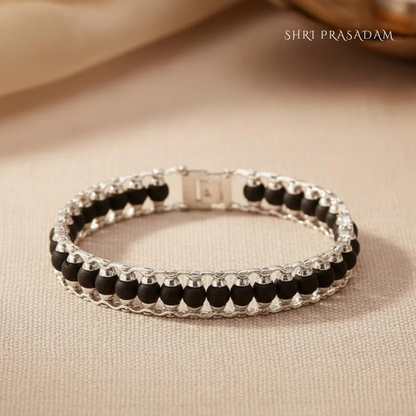 SILVER PLATED KARUNGALI MODEN BRACELET - NATURAL EBONY WOOD