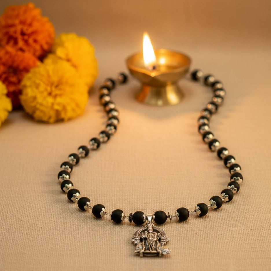 SILVER CAPPED KARUNGALI MALA WITH LORD MURUGAN PENDANT