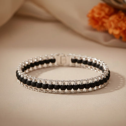 SILVER PLATED KARUNGALI MODEN BRACELET - NATURAL EBONY WOOD