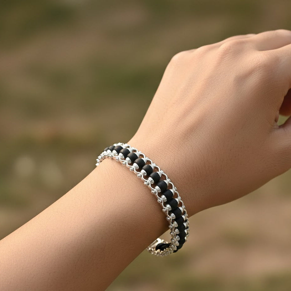 SILVER PLATED KARUNGALI MODEN BRACELET - NATURAL EBONY WOOD