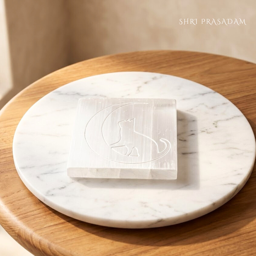 Selenite Charging Plate with Cat & Moon Symbol