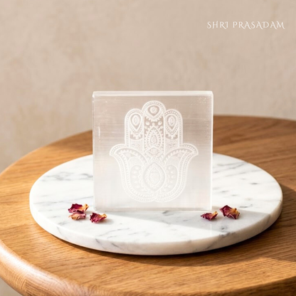 Selenite Charging Plate with Hamsa Symbol