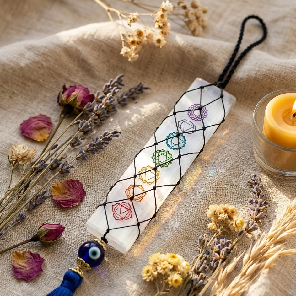 Selenite Chakra with Evil Eye Hanger