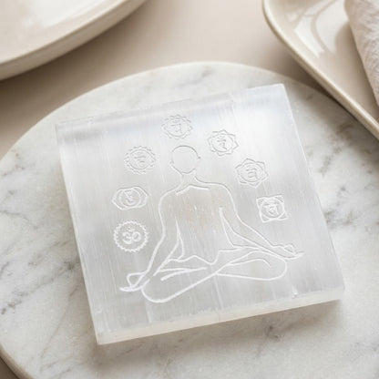 Selenite Charging Plate | Man Surrounded with Chakra Symbols & Eye of Horus