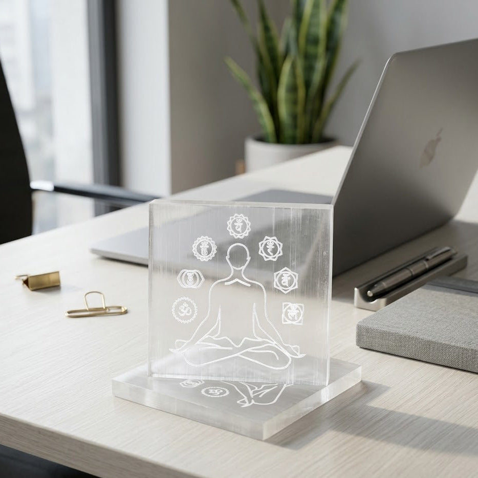 Selenite Charging Plate | Man Surrounded with Chakra Symbols & Eye of Horus