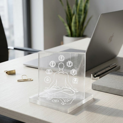 Selenite Charging Plate | Man Surrounded with Chakra Symbols & Eye of Horus