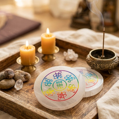 Selenite Charging Plate engraved with a powerful Zibu Healing Symbol