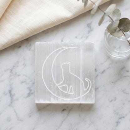 Selenite Charging Plate with Cat & Moon Symbol
