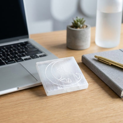 Selenite Charging Plate with Cat & Moon Symbol