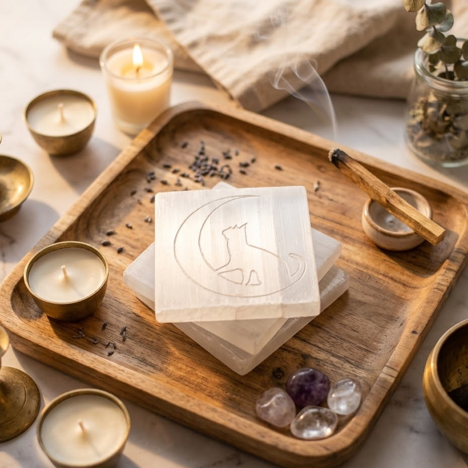 Selenite Charging Plate with Cat & Moon Symbol