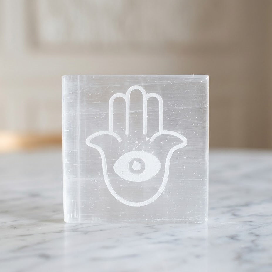 Selenite Charging Plate with Hamsa Symbol
