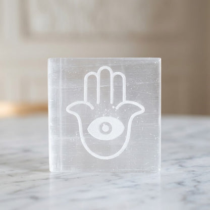 Selenite Charging Plate with Hamsa Symbol