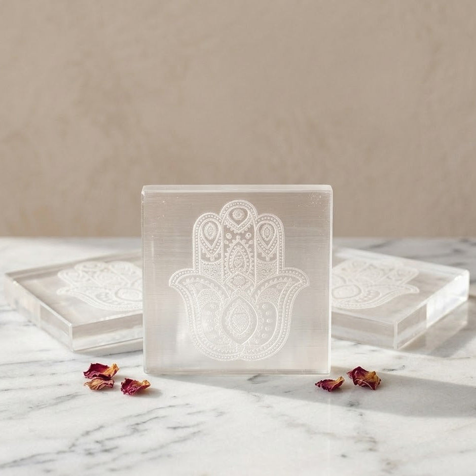 Selenite Charging Plate with Hamsa Symbol