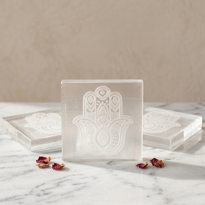 Selenite Charging Plate with Hamsa Symbol