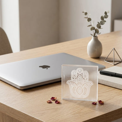Selenite Charging Plate with Hamsa Symbol