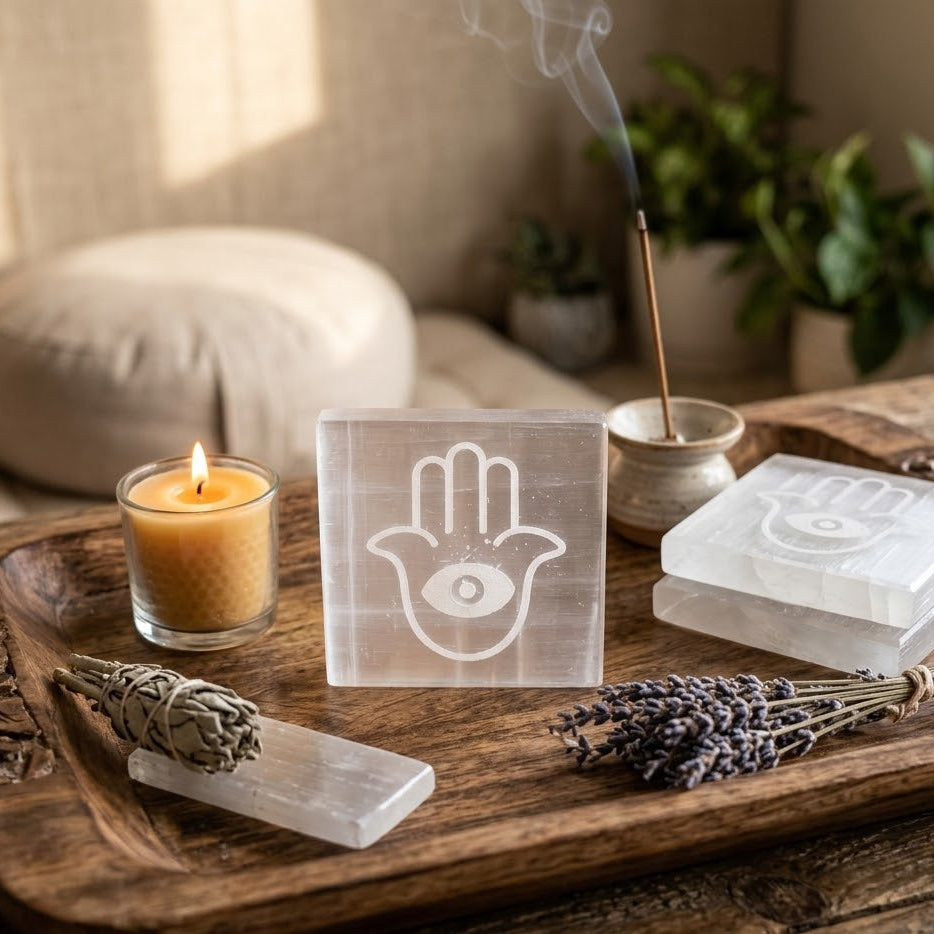 Selenite Charging Plate with Hamsa Symbol