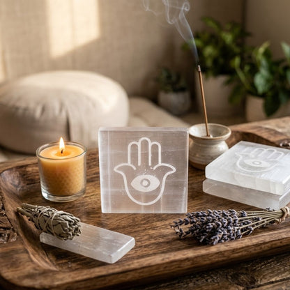 Selenite Charging Plate with Hamsa Symbol