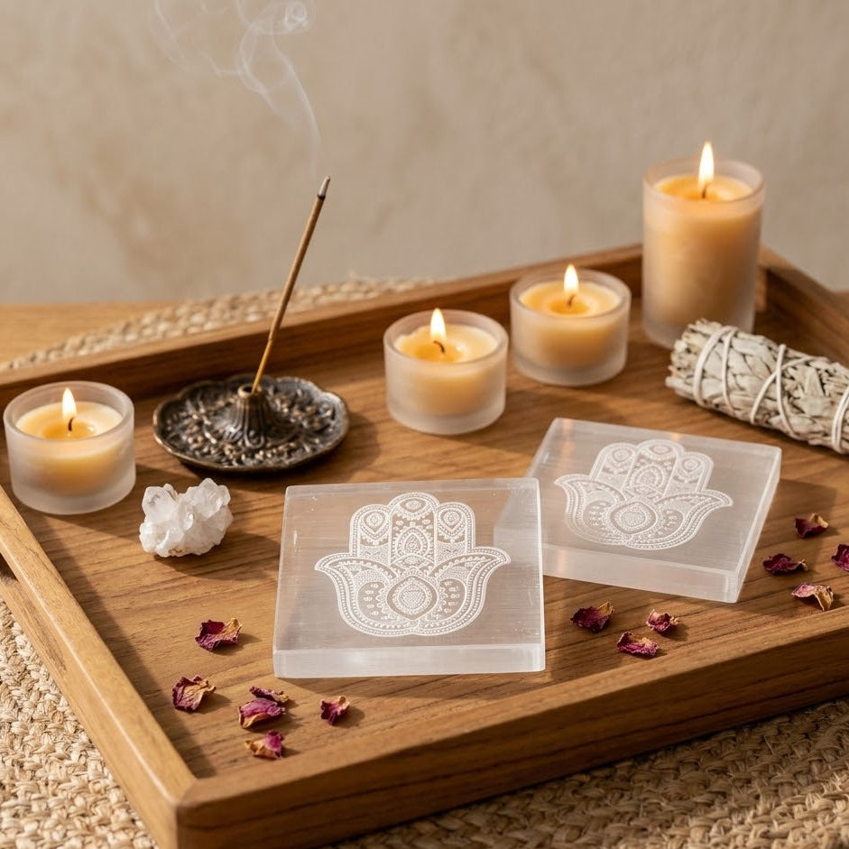 Selenite Charging Plate with Hamsa Symbol
