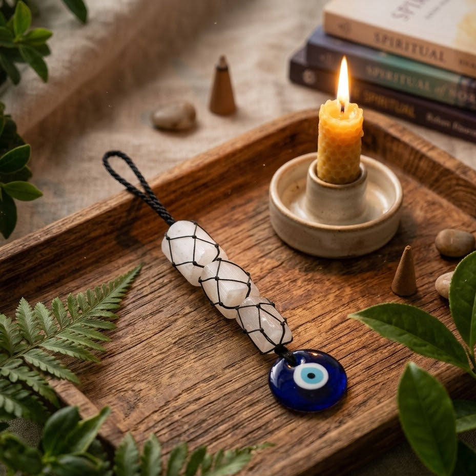Selenite Door Hanging with Evil Eye