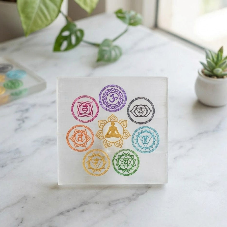 Selenite Square Plate | Seven Chakra Engraved