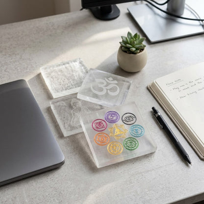 Selenite Square Plate | Seven Chakra Engraved
