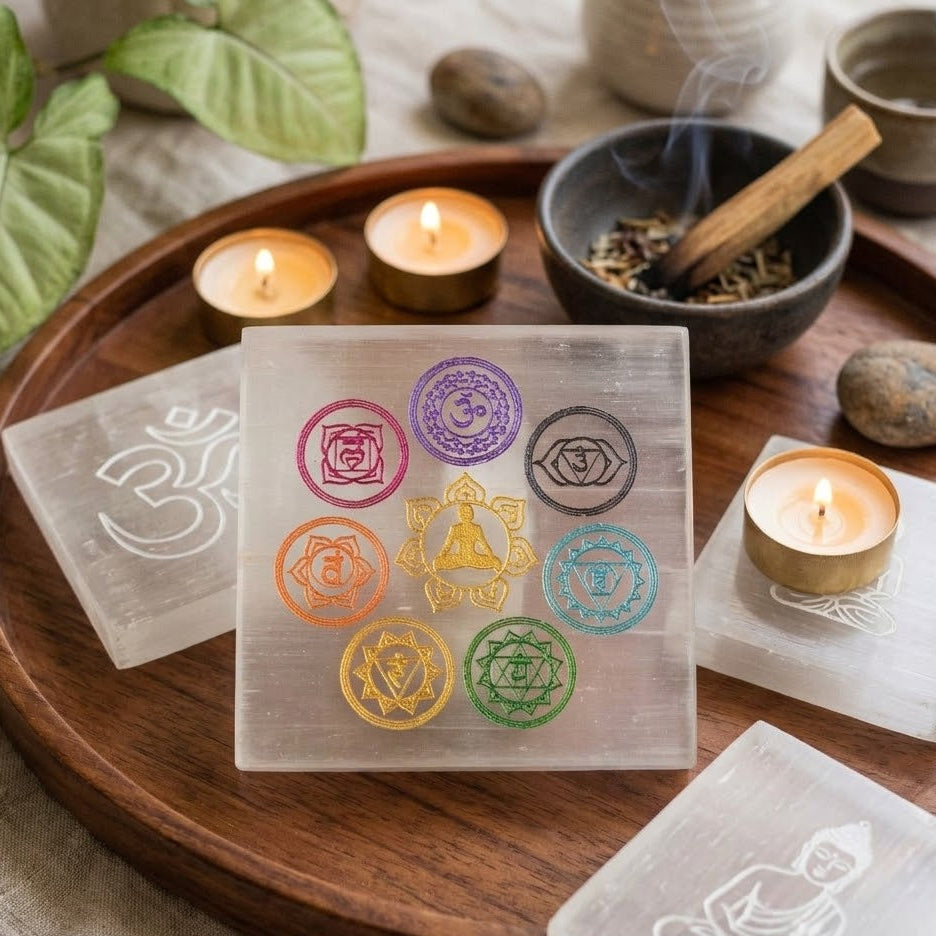 Selenite Square Plate | Seven Chakra Engraved