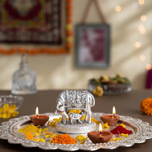 Silver plated Kamdhenu Cow with Calf Idol