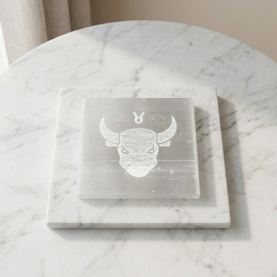 Taurus Zodiac Carved Selenite Plate