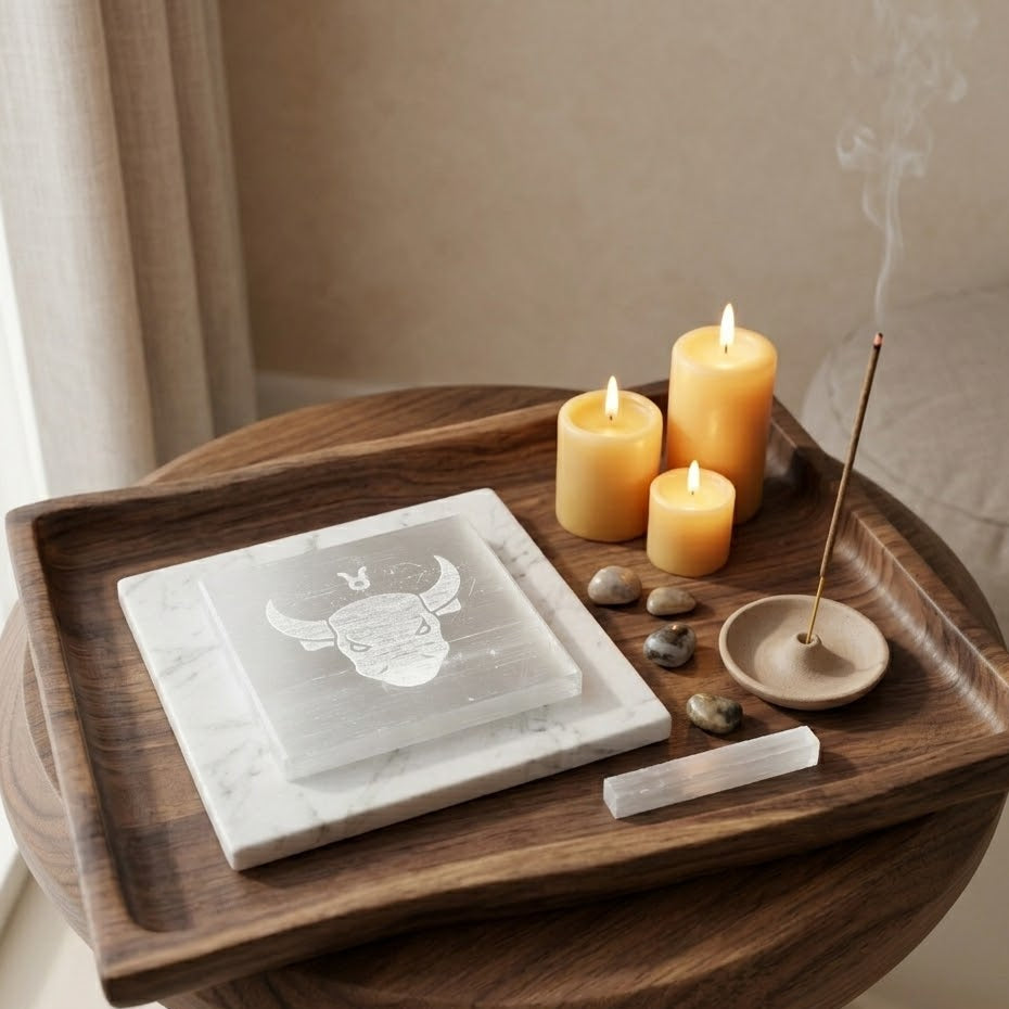 Taurus Zodiac Carved Selenite Plate