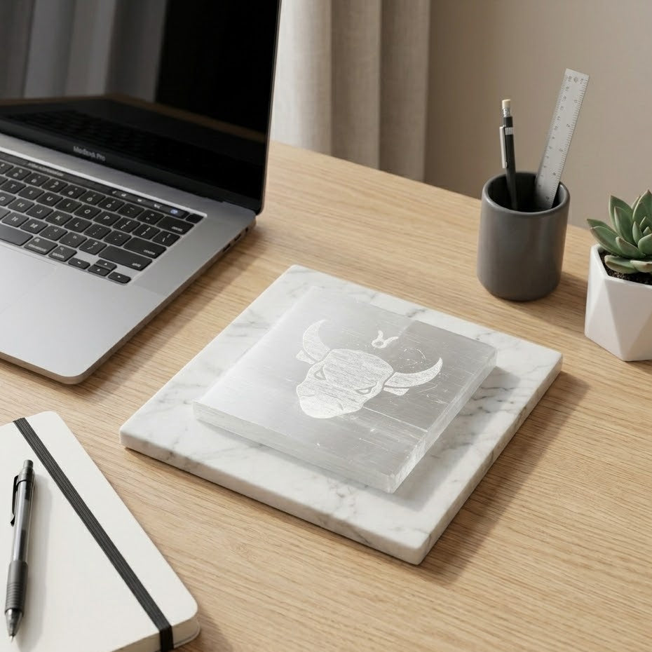 Taurus Zodiac Carved Selenite Plate