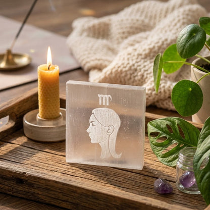 Virgo Zodiac Carved Selenite Plate