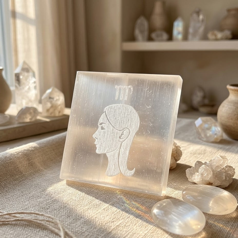Virgo Zodiac Carved Selenite Plate