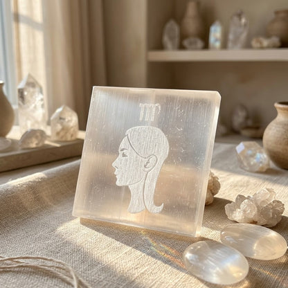 Virgo Zodiac Carved Selenite Plate