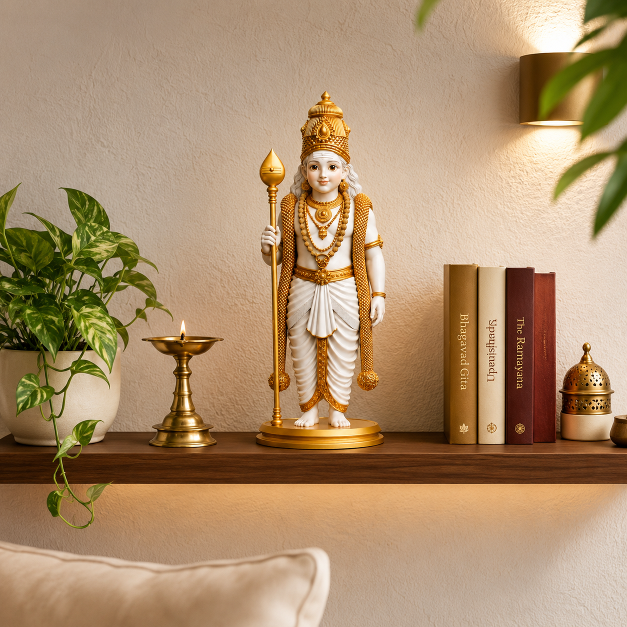 White & Gold Lord Murugan Statue for Home and Gifting