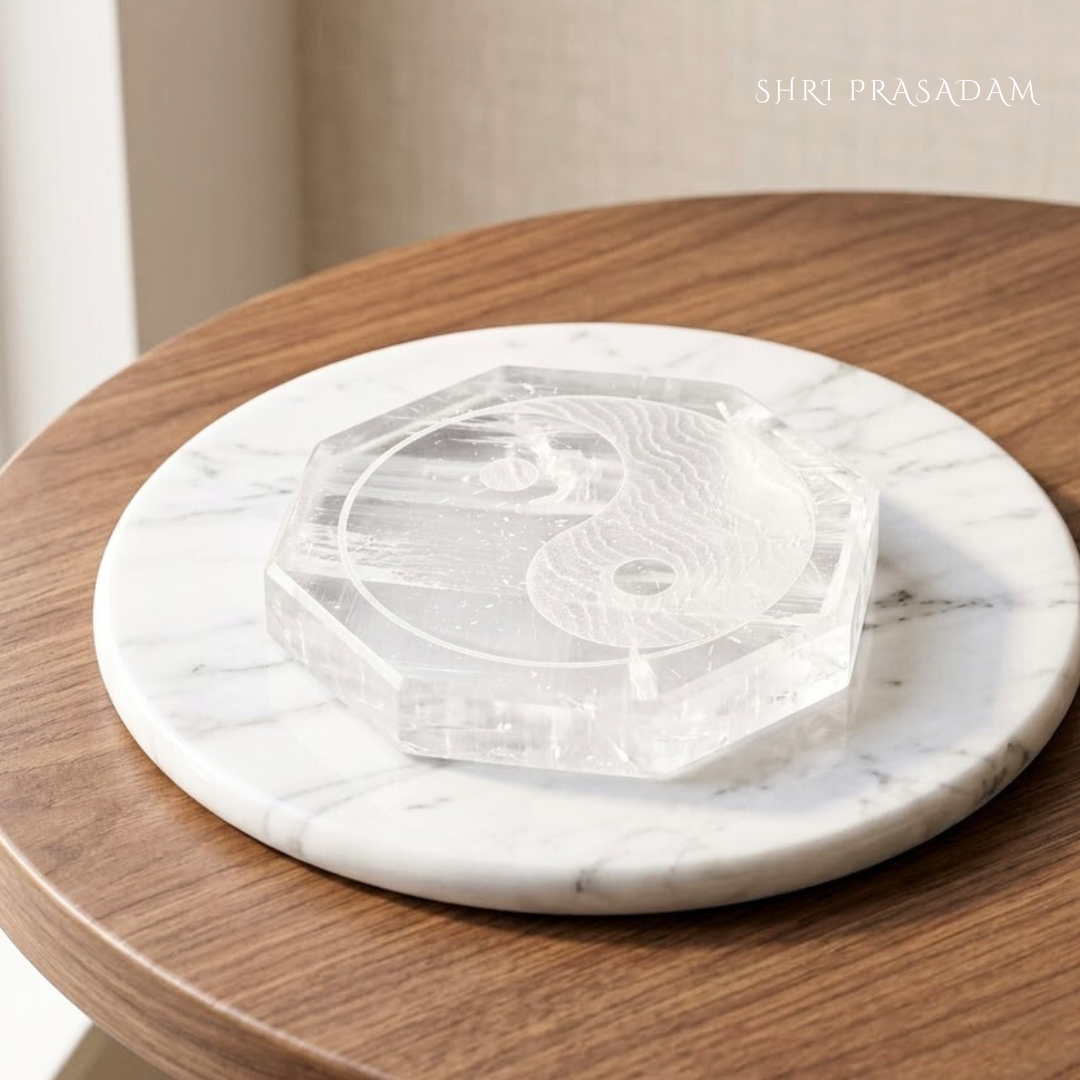 Yin Yang Carved Selenite Charging Plate