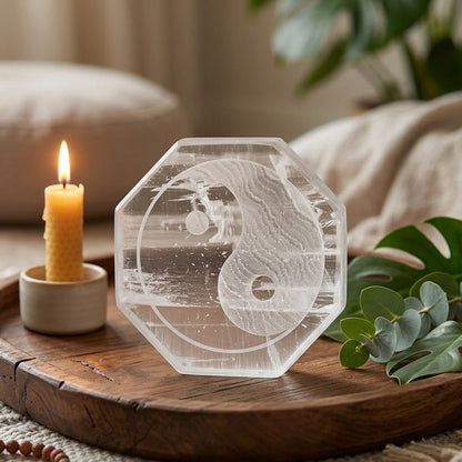 Yin Yang Carved Selenite Charging Plate
