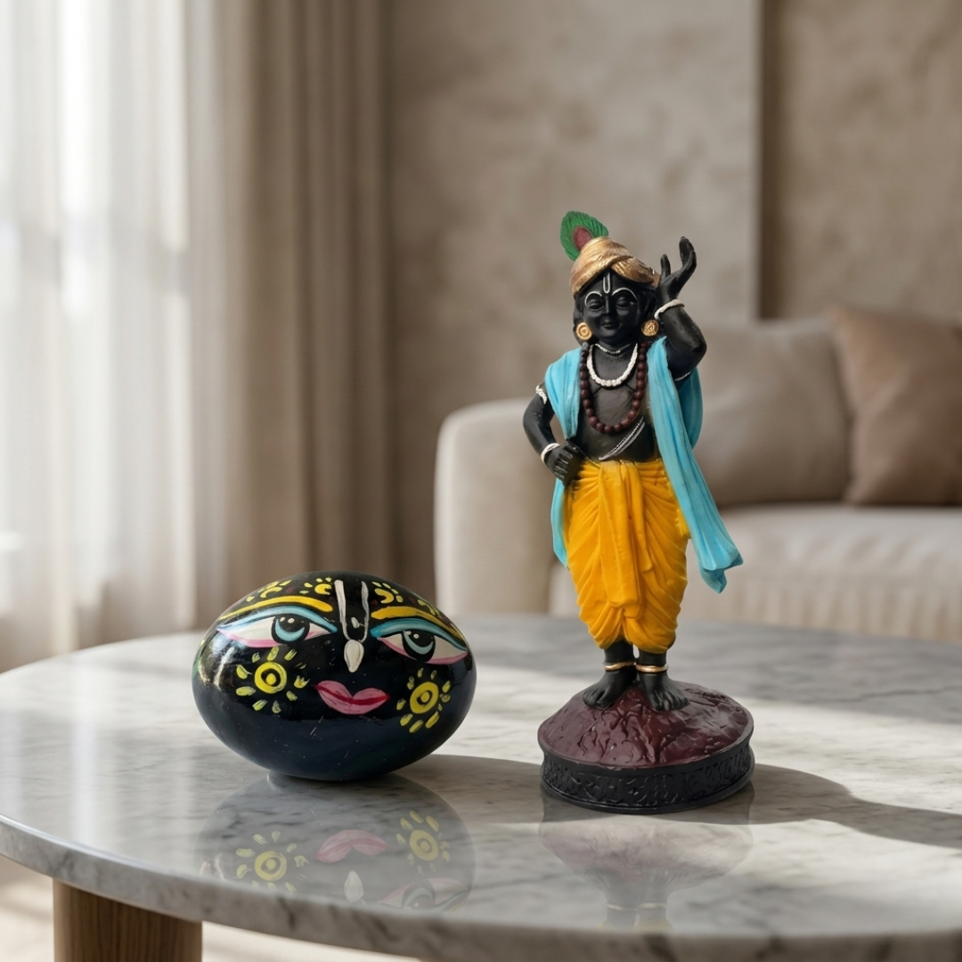 Bal Shrinathji Idol & Hand-Painted Face Shaligram Set