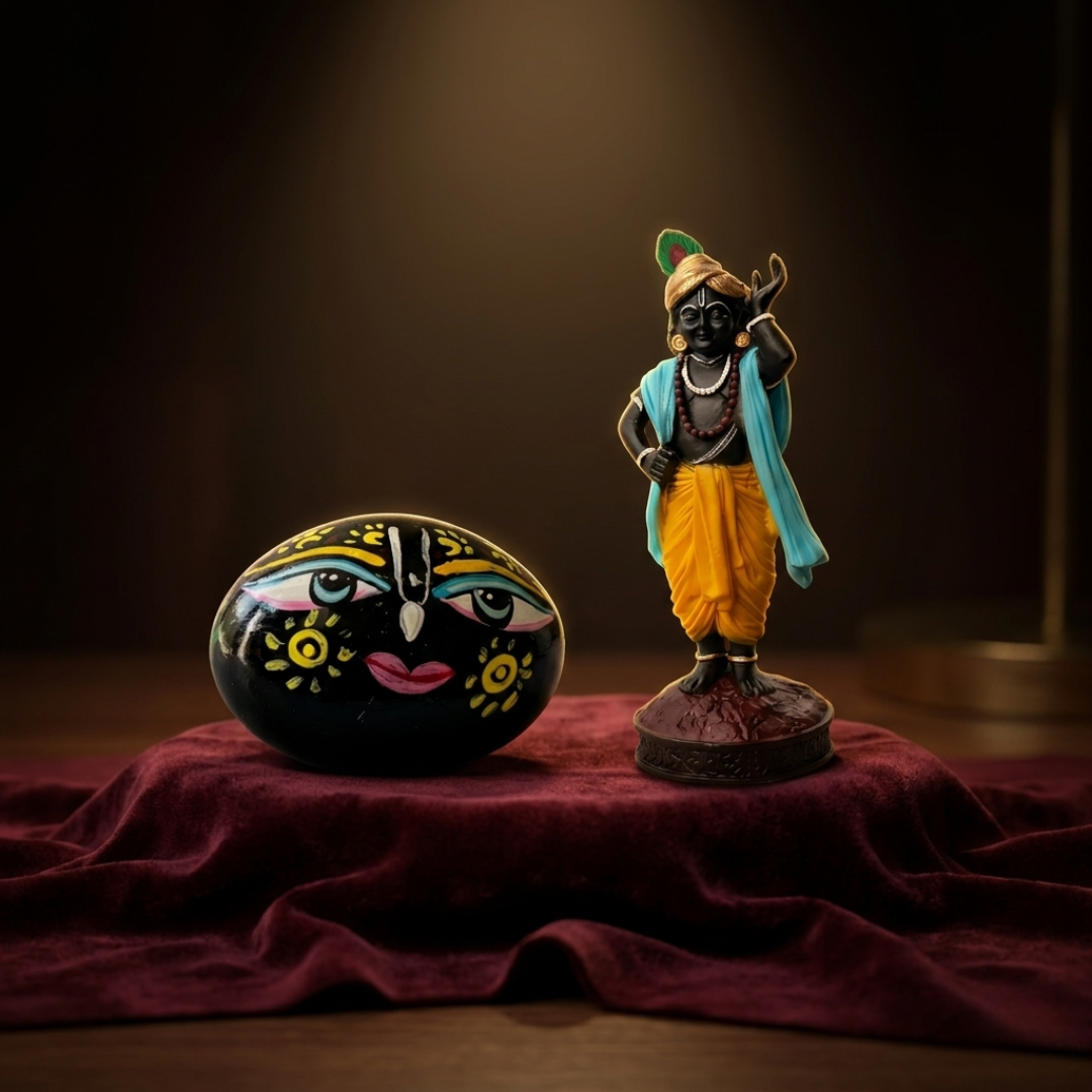 Bal Shrinathji Idol & Hand-Painted Face Shaligram Set