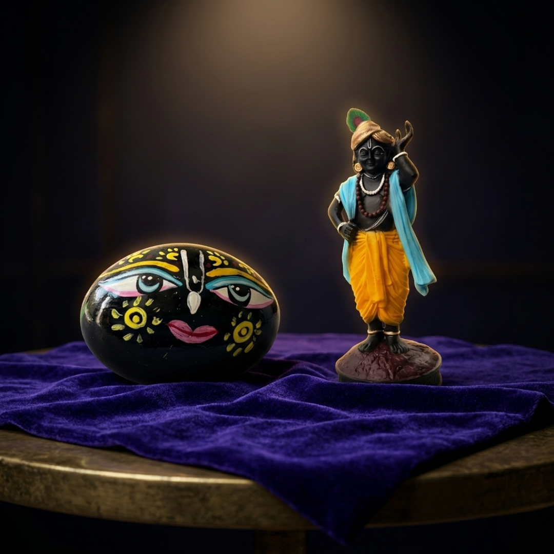 Bal Shrinathji Idol & Hand-Painted Face Shaligram Set